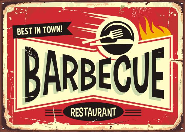 ilustrações de stock, clip art, desenhos animados e ícones de barbecue retro sign design for fast food restaurant - rusty metal backgrounds retro revival