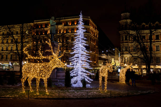 Christmas decoration of reindeer and chrsitmas tree in Helsinki, Finland stock photo
