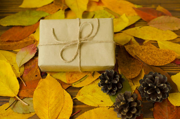 istock Gift box on colored autumn leaves background 897594894