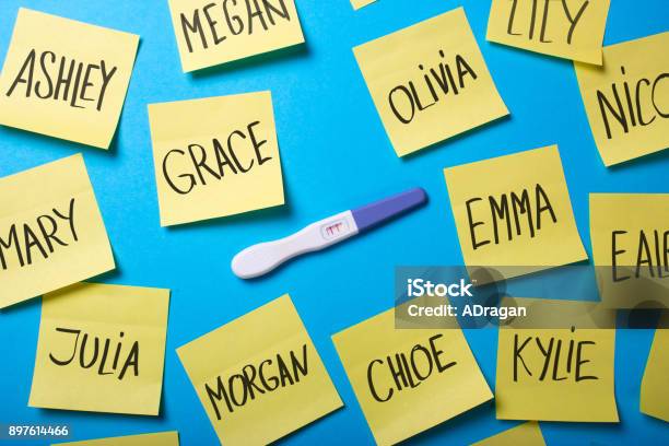 How To Choose A Name For The Baby Girl Positive Pregnancy Test And Office Stickers And Girl Names Stock Photo - Download Image Now