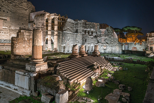 The nicely lit Forum of Augustus at night in Rome, Italy. Built by emperor Augustus the temple is meant to honor