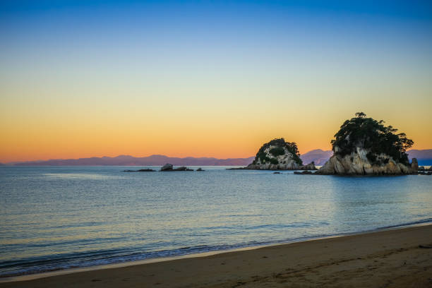 Creek at sunset in Abel Tasman National Park, New Zealand Creek and beach at sunset in Abel Tasman National Park. New Zealand nelson landscape beach sand stock pictures, royalty-free photos & images
