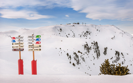 6th February 2016 - Courchevel 1850, France. Ski resort informaftion signs to direct people to different pistes.