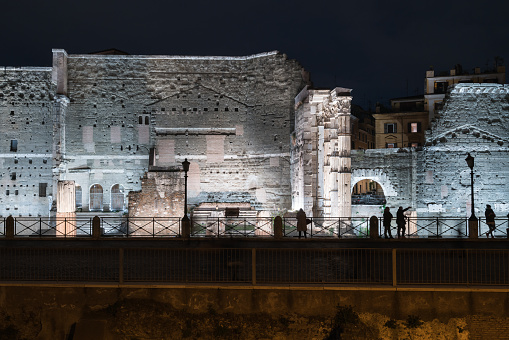 The nicely lit Forum of Augustus at night in Rome, Italy. Built by emperor Augustus the temple is meant to honor