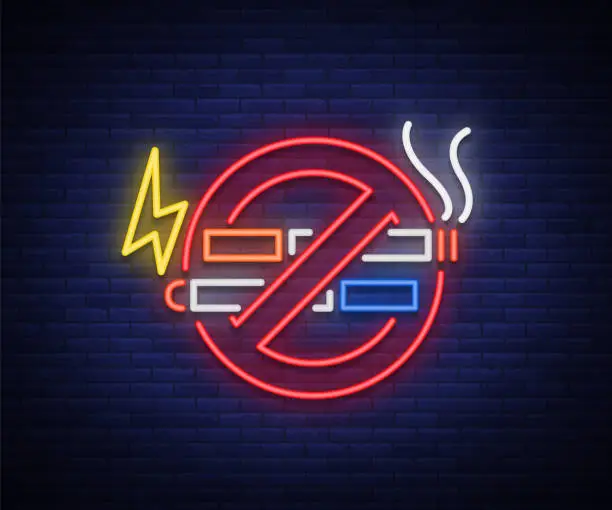Vector illustration of No smoking no vape neon sign. Bright symbol, neon banner, icon, illuminated sign of smoking and vaping in an unauthorized place. Stop electronic cigarettes. Stop smoking. Vector illustration