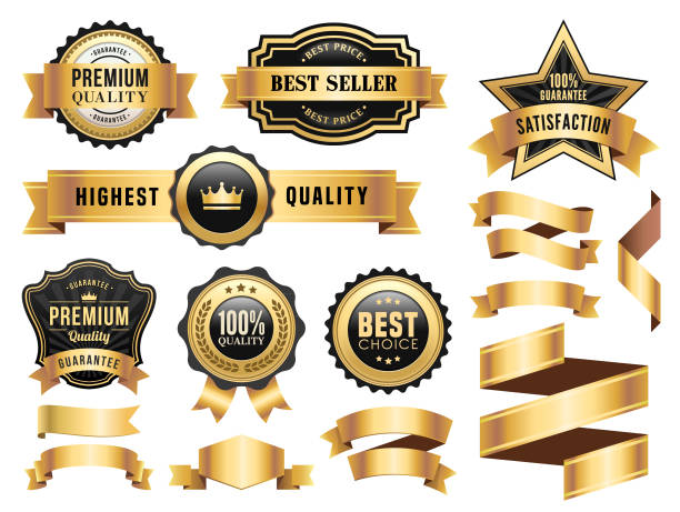 ilustrações de stock, clip art, desenhos animados e ícones de gold badges and ribbons set - internet banner placard ribbon