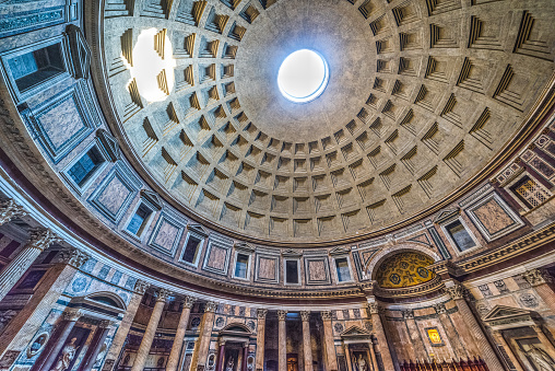 Indoor view of world famous Pantheon dome in Rome, Italy