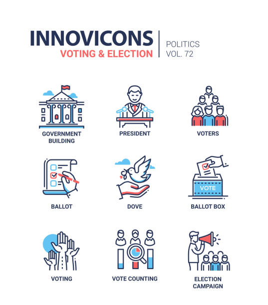 Voting and election - set of modern thin line design icons Voting and election - set of modern thin line design icons on white background. High quality red and blue pictograms. Government building, president, voters, ballot box, dove, counting, campaign government clipart stock illustrations
