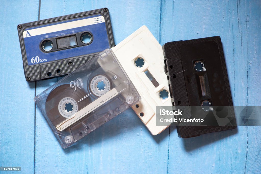 Old cassette tapes with a wooden background 1970-1979 Stock Photo