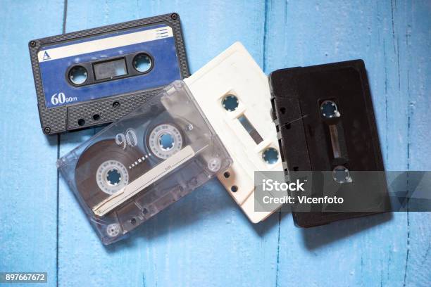 Old Cassette Tapes With A Wooden Background Stock Photo - Download Image Now - 1970-1979, Blank, Collection