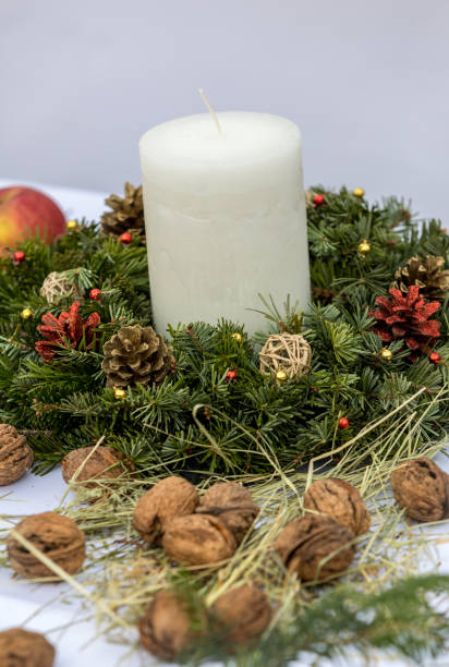 istock Composition of the Christmas decorations  on white tablecloth 897668624