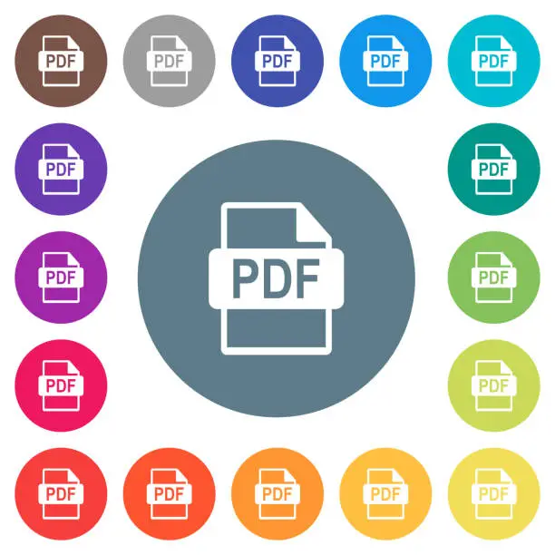 Vector illustration of PDF file format flat white icons on round color backgrounds