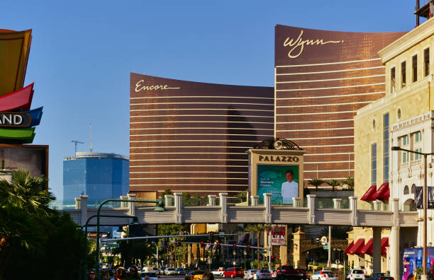 View down Las Vegas Strip with Encore and Wynn casino stock photo