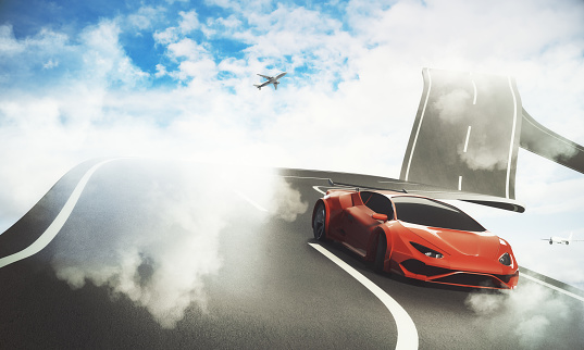 Abstract sky road with luxury sports car and airplane. Transportation, traveling and imagination concept. 3D Rendering