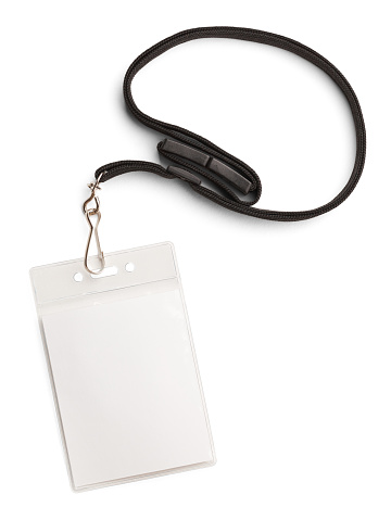 Blank Security Tag with Black Neck Band Isolated on White Background.