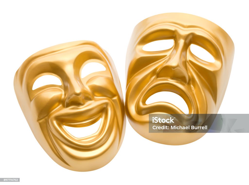 Theater Mask Gold Movie Masks Isolated on White Background. Theater Mask Stock Photo