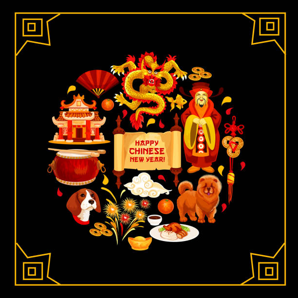 Chinese New Year vector China greeting card Happy Chinese New Year greeting on paper scroll for China traditional spring lunar holiday. Vector Chinese symbols and golden decorations of dragon, gold coins and fireworks on black background chinese temple dog stock illustrations
