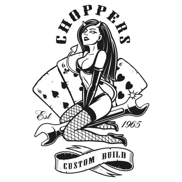 Rockabilly girl devil (monochrome version) Rockabilly girl devil on wrench. Design for t-shirt with tattoo style. On white background. Text is on the separate layer. (monochrome version) pin up girls and cars stock illustrations