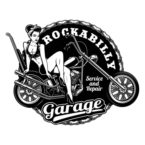Pin up girl on motorcycle (monochrome version) Pin up girl on motorcycle, monochrome vintage illustration on white background. All elements, text are on the separate layer. (monochrome version) black pin up girl tattoos stock illustrations