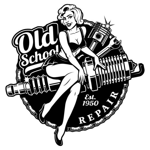 Spark Plug Pin Up Girl (monochrme version) Spark Plug Pin Up Girl illustration with piston and wrench. Vintage style. (monochrome version) All elements, text are on the separate layer. pin up girls and cars stock illustrations