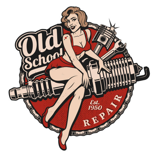 Spark Plug Pin Up Girl (color version) Spark Plug Pin Up Girl illustration with piston and wrench. Vintage style. (Color version) All elements, text are on the separate layer. pin up girl stock illustrations