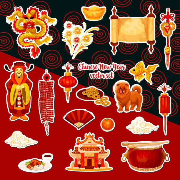 chinese new year aufkleber mit asiatischen urlaub symbol - chinese temple dog stock-grafiken, -clipart, -cartoons und -symbole