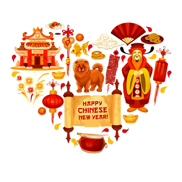 Chinese New Year vector China heart greeting card Happy Chinese New Year wish hieroglyph and traditional lunar year celebration symbols for greeting card design. Vector heart of Chinese drum, emperor and gold sycee or red lantern in fireworks chinese temple dog stock illustrations