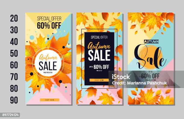 Set Of Autumn Sale Flyer Template With Lettering Orange Leaves Fall Promotion Poster Banner Card Label And Other Design Vector Illustration Stock Illustration - Download Image Now