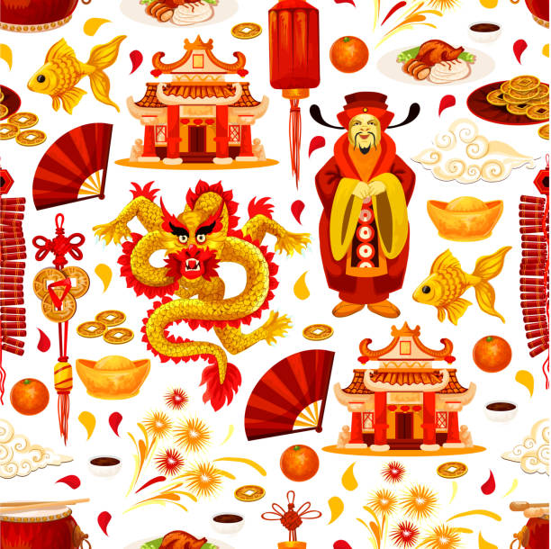 chinesischen lunar new year symbole vektor-muster - chinese temple dog stock-grafiken, -clipart, -cartoons und -symbole