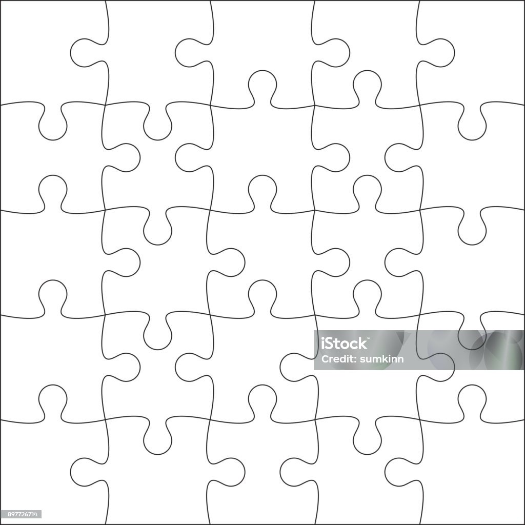 Jigsaw puzzle blank. Jigsaw puzzle blank template or cutting guidelines of 25 pieces. Plain white jigsaw puzzle, on white background. Vector  illustration. Jigsaw Piece stock vector