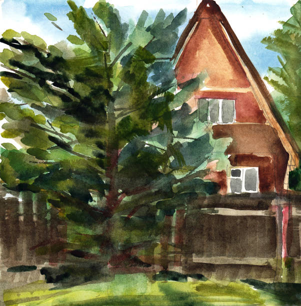 ilustrações, clipart, desenhos animados e ícones de casa de madeira na vila, casa de campo perto de uma floresta, ilustração de sketch - house of tudor