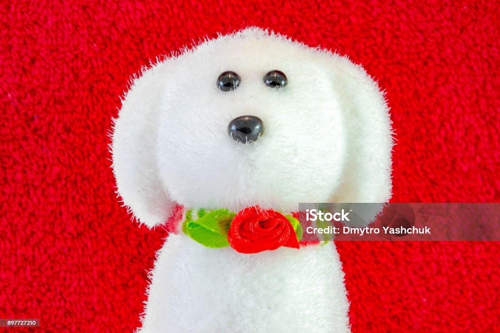 perro de peluche suave blanco aislado sobre fondo rojo - Foto de stock de Animal libre de derechos