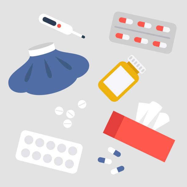 Health care concept. A medical set: ice pack, pills, thermometer, tissue box. Vector flat illustration, clip art Health care concept. A medical set: ice pack, pills, thermometer, tissue box. Vector flat illustration, clip art nutritional supplement illustrations stock illustrations