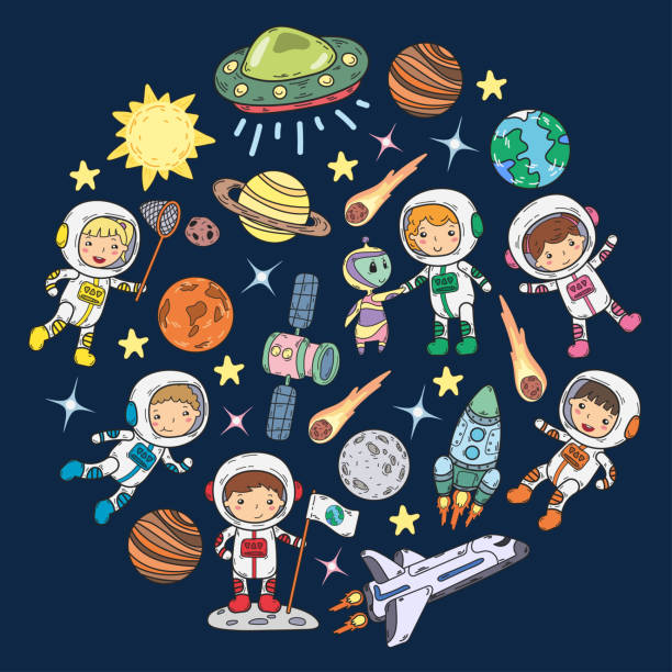 illustrazioni stock, clip art, cartoni animati e icone di tendenza di space kindergarten, scuola lezione di astronomia bambini, doodle bambini illustrazione ufo, alieno, superficie lunare, terra, giove, saturno, mars vector icone - children only adventure exploration education