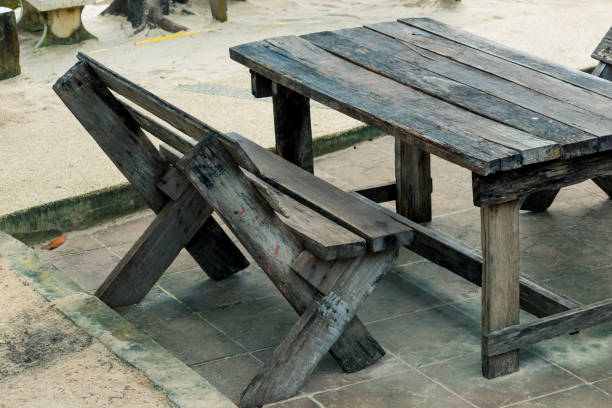 istock old wooden table and bench close-up in the park 897783638
