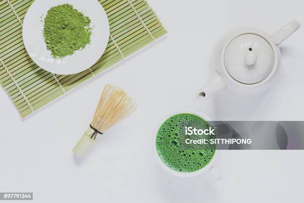 Matcha Green Tea On White Wood Stock Photo - Download Image Now - Cream - Dairy Product, Cup, Drink