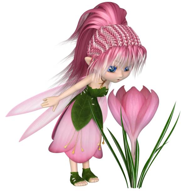 istock Cute Toon Pink Crocus Fairy, Standing by a Flower 897794098