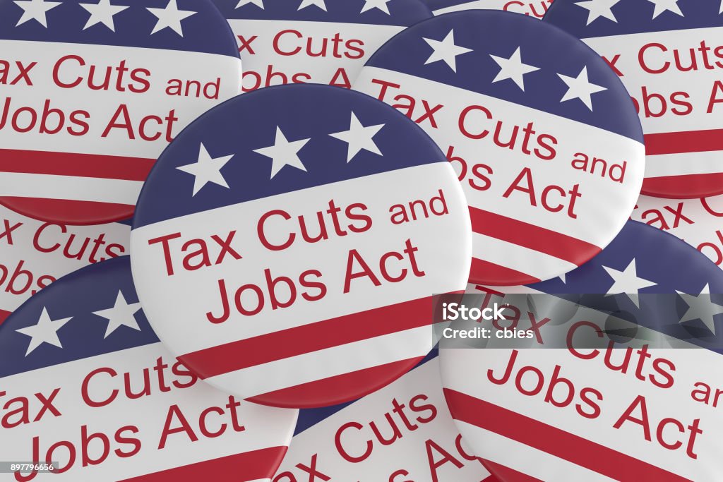 USA Politics News Badges: Pile of Tax Cuts And Jobs Act Buttons With US Flag, 3d illustration Tax Stock Photo