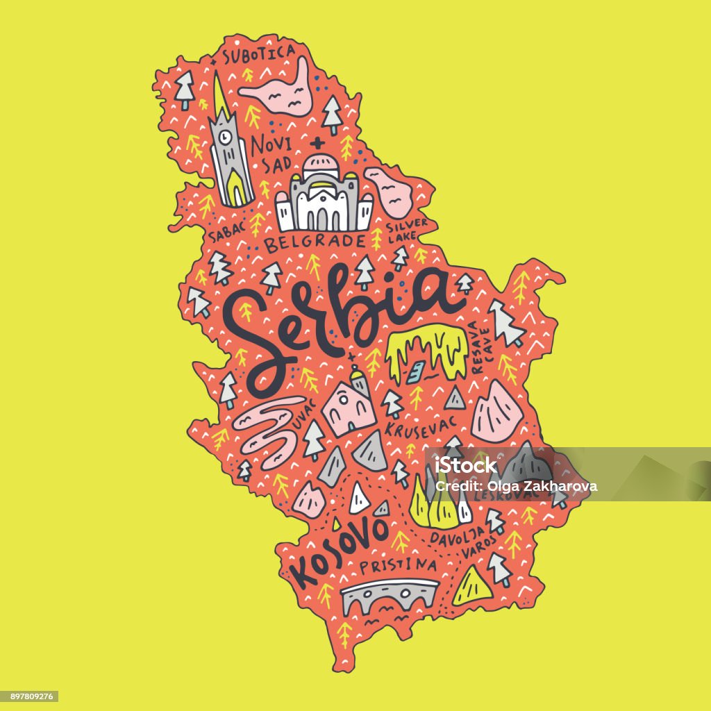 Cartoon Serbia Map Hand drawn map of Serbia. Cartoon tepography with symbols of the country and lettering Architecture stock vector