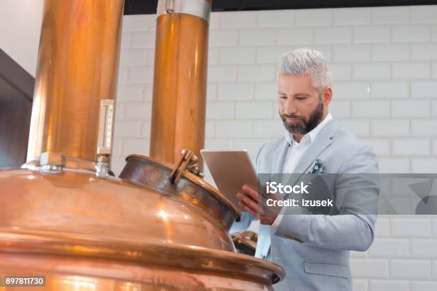 Microbrewery Owner Using A Digital Tablet In Fermenting Section Stock Photo - Download Image Now