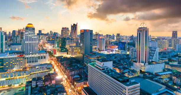 istock Panoramic view Cityscape business district from aerial view high building at dusk (Bangkok, Thailand) 897816698