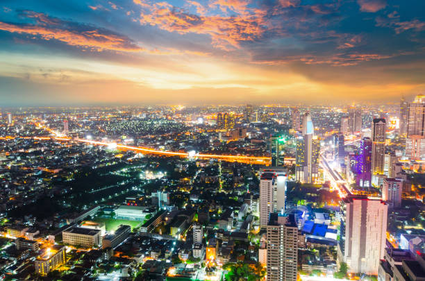 istock Panoramic view Cityscape business district from aerial view high building at dusk (Bangkok, Thailand) 897816820