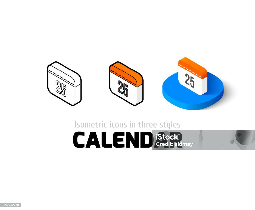 Calendar icon in different style Calendar icon, vector symbol in flat, outline and isometric style Business stock vector