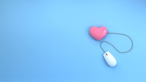 파란색에 마우스로 마음 iove 및 배경 발렌타인의 복사 공간 최소 개체 파스텔 화려한 개념 3d 렌더링 배경에 대 한 화려한 3d 일러스트 배경 - cherry valentine 뉴스 사진 이미지