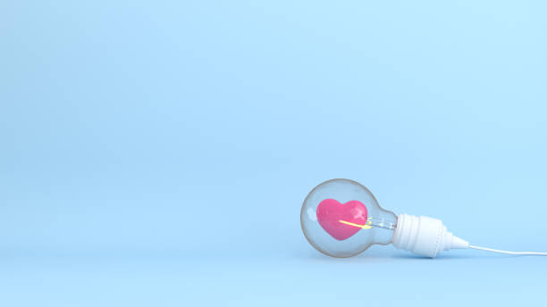 전구에 파란색 하트 배경 iove 및 배경 발렌타인의 복사 공간 최소 개체 파스텔 화려한 개념 3d 렌더링 배경에 대 한 화려한 3d 그림 - cherry valentine 뉴스 사진 이미지