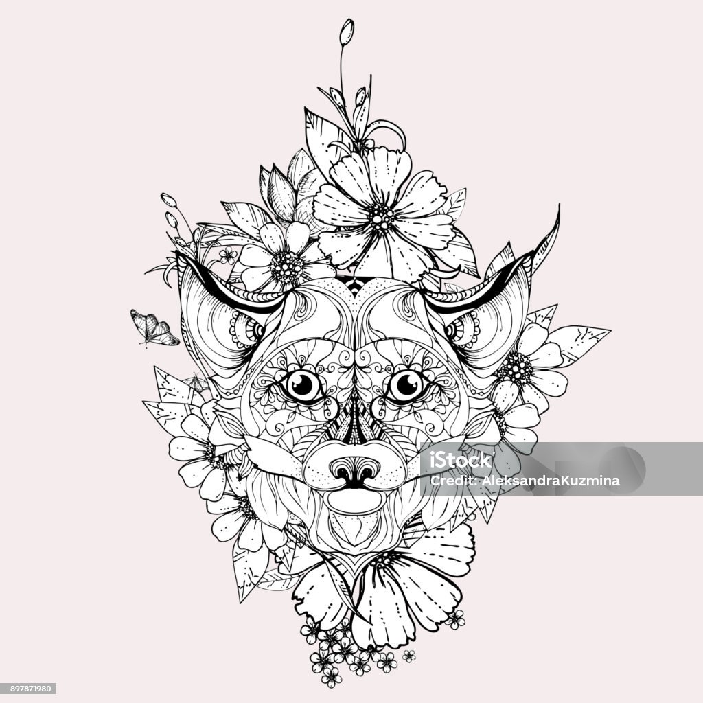 hand drawn ink doodle fox and flowers on grey background. Coloring page - design for adults, poster, print, t-shirt, invitation, banners, flyers. Adult stock vector