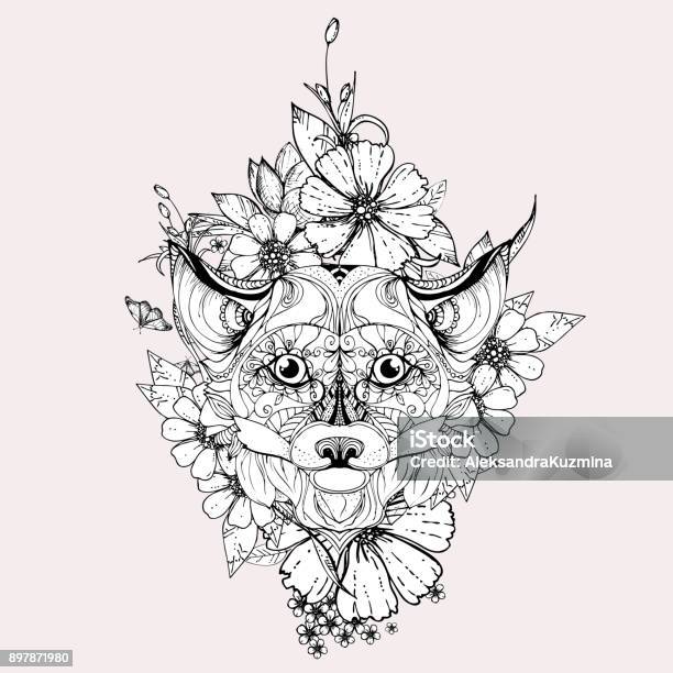 Hand Drawn Ink Doodle Fox And Flowers On Grey Background Coloring Page Design For Adults Poster Print Tshirt Invitation Banners Flyers Stock Illustration - Download Image Now