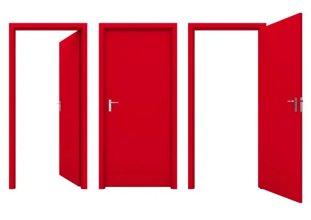 Photo of Open red door isolated on a white background.