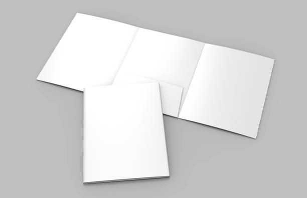 istock Tri-fold Blank white reinforced A4 middle single pocket folder catalog on grey background for mock up. 3D rendering. 897900786