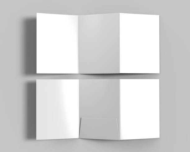 istock Tri-fold Blank white reinforced A4 middle single pocket folder catalog on grey background for mock up. 3D rendering. 897900790